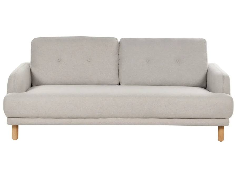 Taupe fabric 3-seater sofa with buttoned backrest and wooden legs