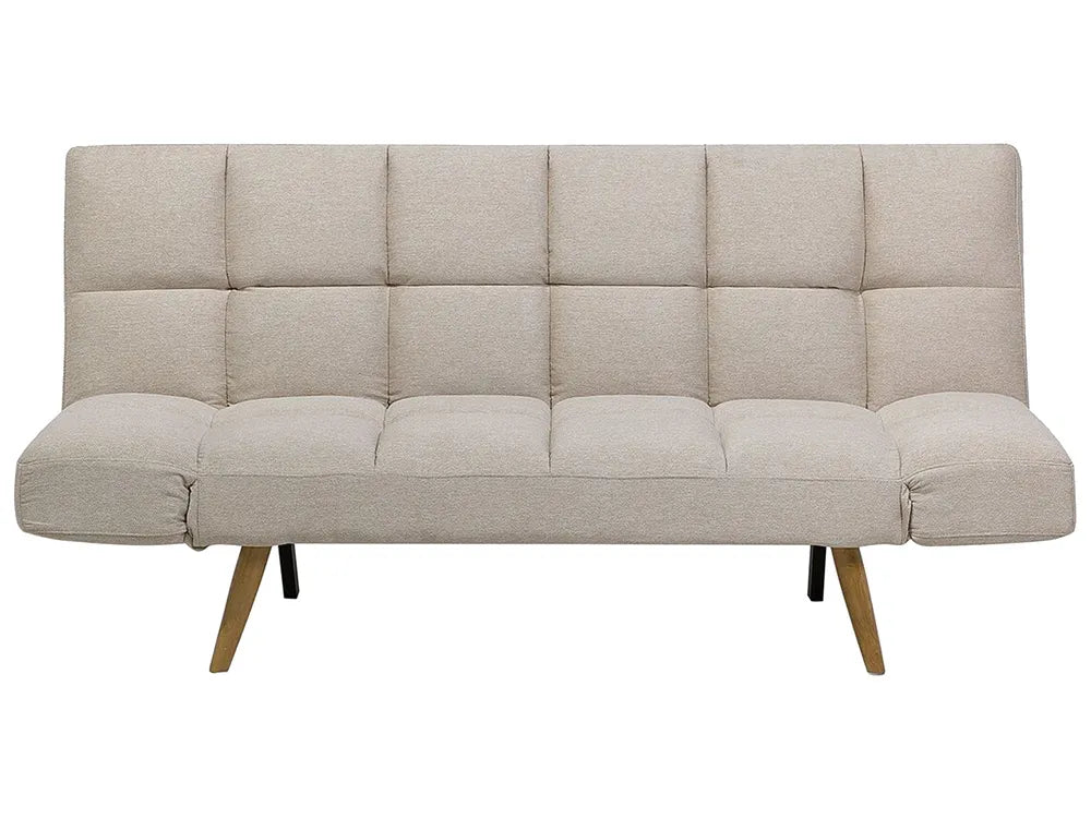 Beige sofa bed with wooden legs on a white background