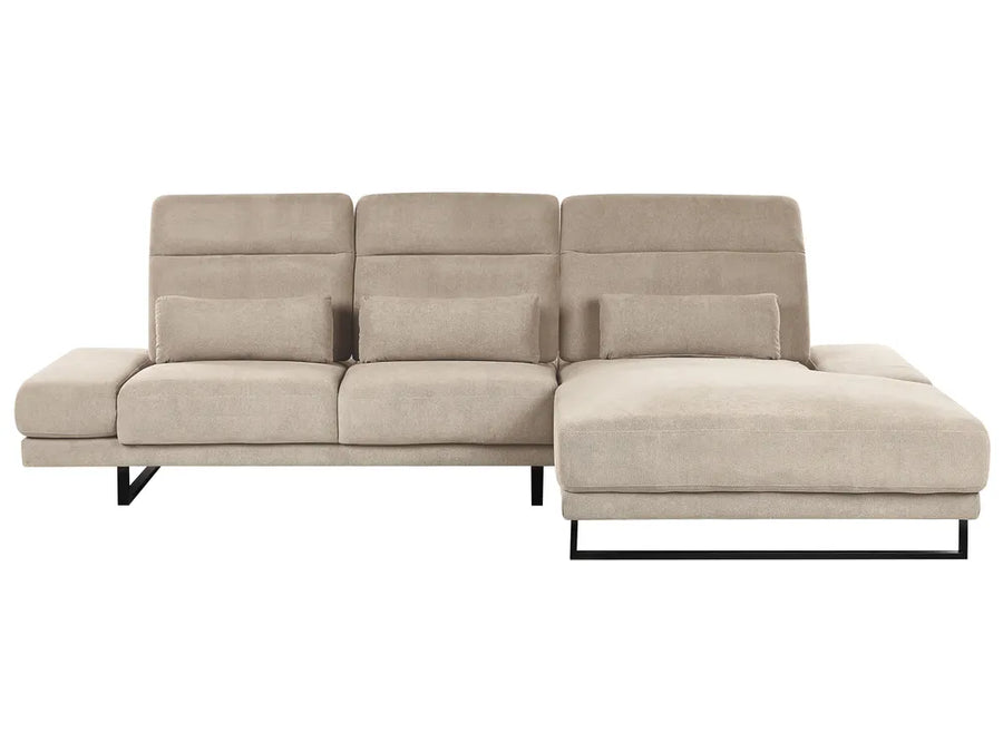 Taupe fabric left‑hand corner sofa with adjustable backrests and headrest, durable water‑repellent upholstery and steel legs