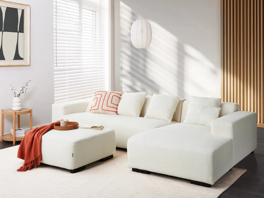 Corner Sofa 4 Seater Boucle White with Ottoman Left Hand Lecanto