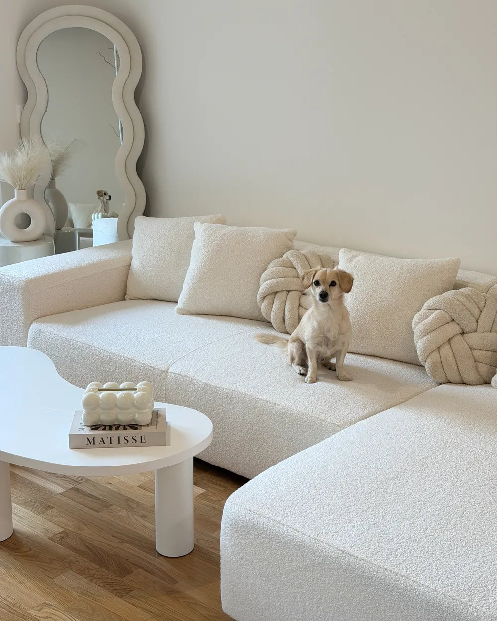 Corner Sofa 4 Seater Boucle White with Ottoman Left Hand Lecanto