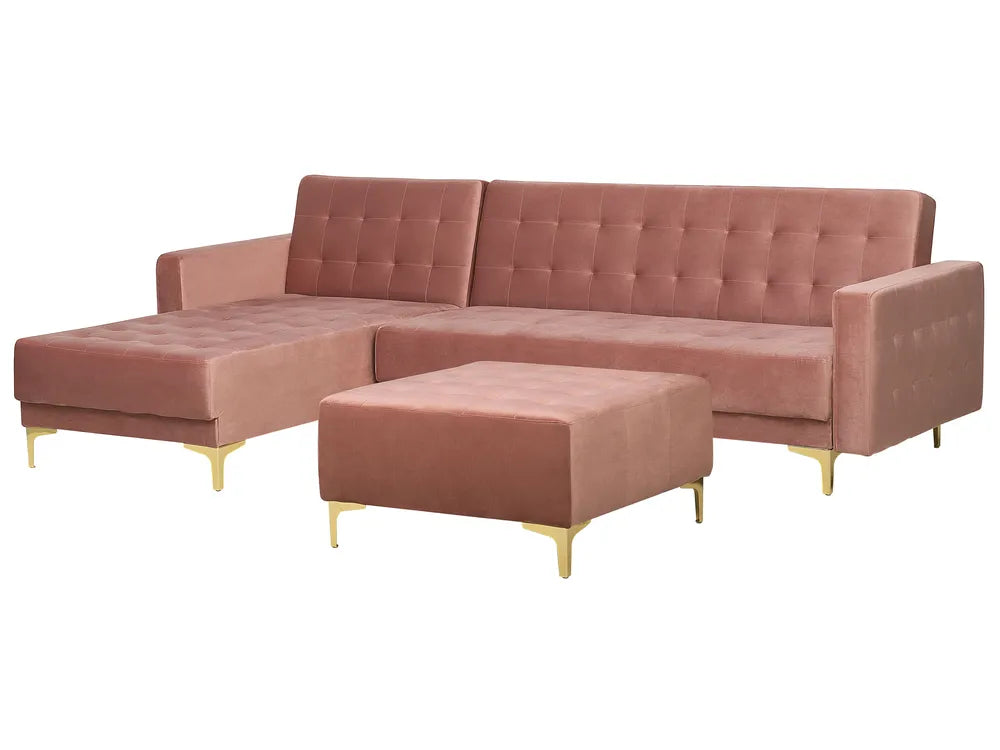 Modular Corner Sofa Bed 4 Seater Velvet Pink with Ottoman Right Hand Denby