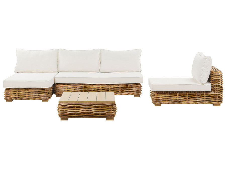 A garden lounge set made of natural rattan, featuring a sofa, armchairs, and a square table with a wooden top. The furniture has white cushions, and the set is arranged on a plain background.