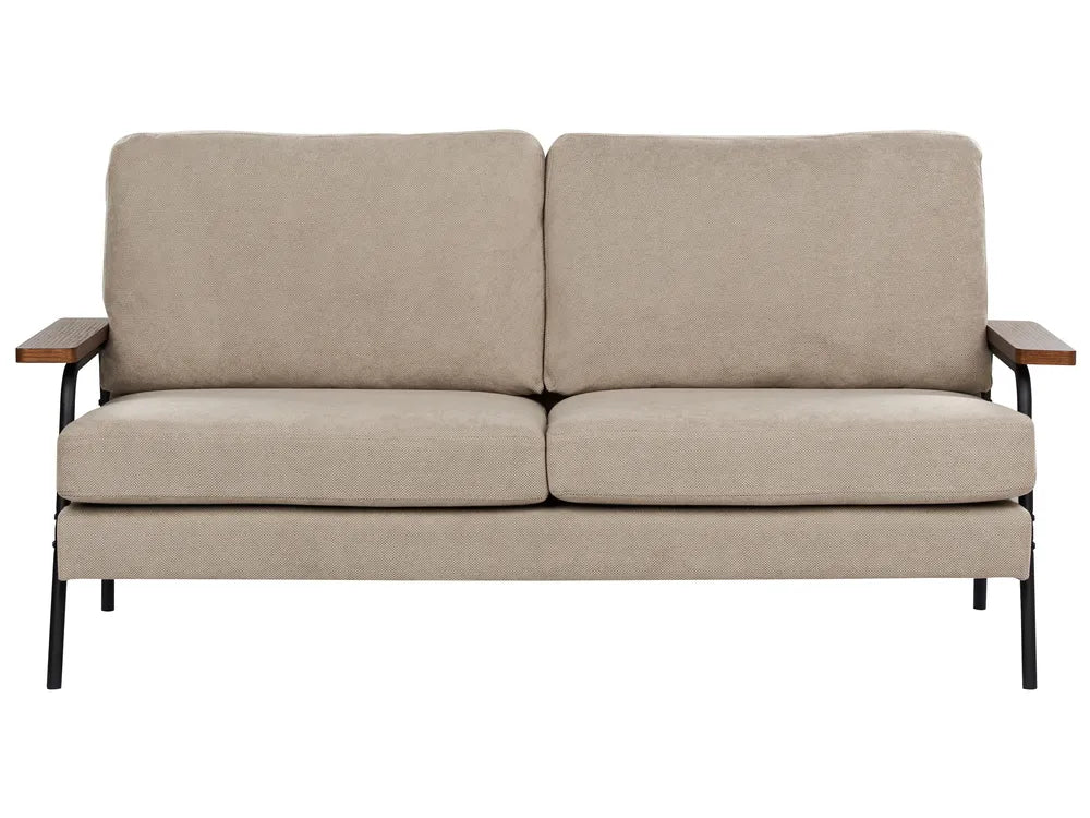 Beige sofa with wooden armrests on a white background