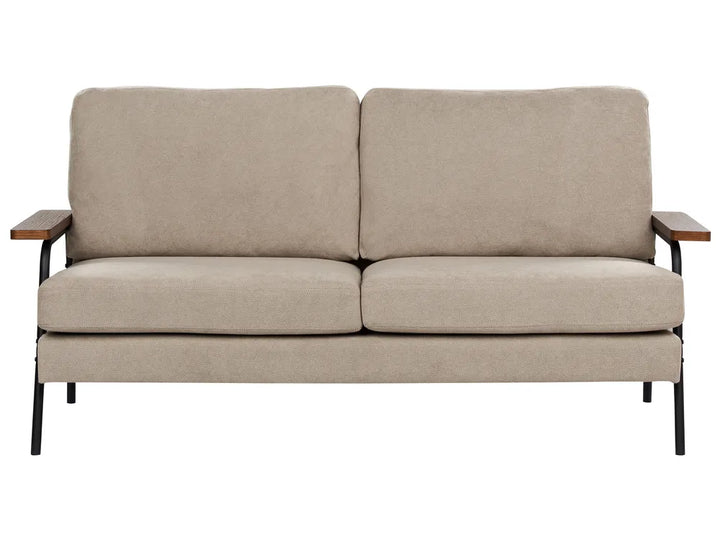 Beige sofa with wooden armrests on a white background