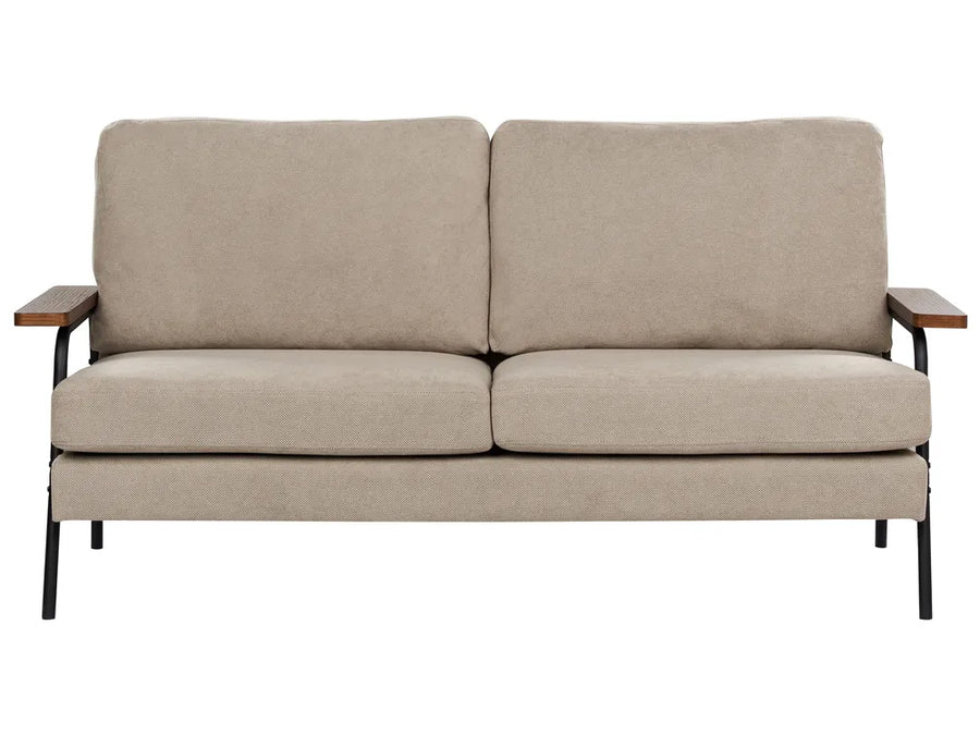 Beige sofa with wooden armrests on a white background