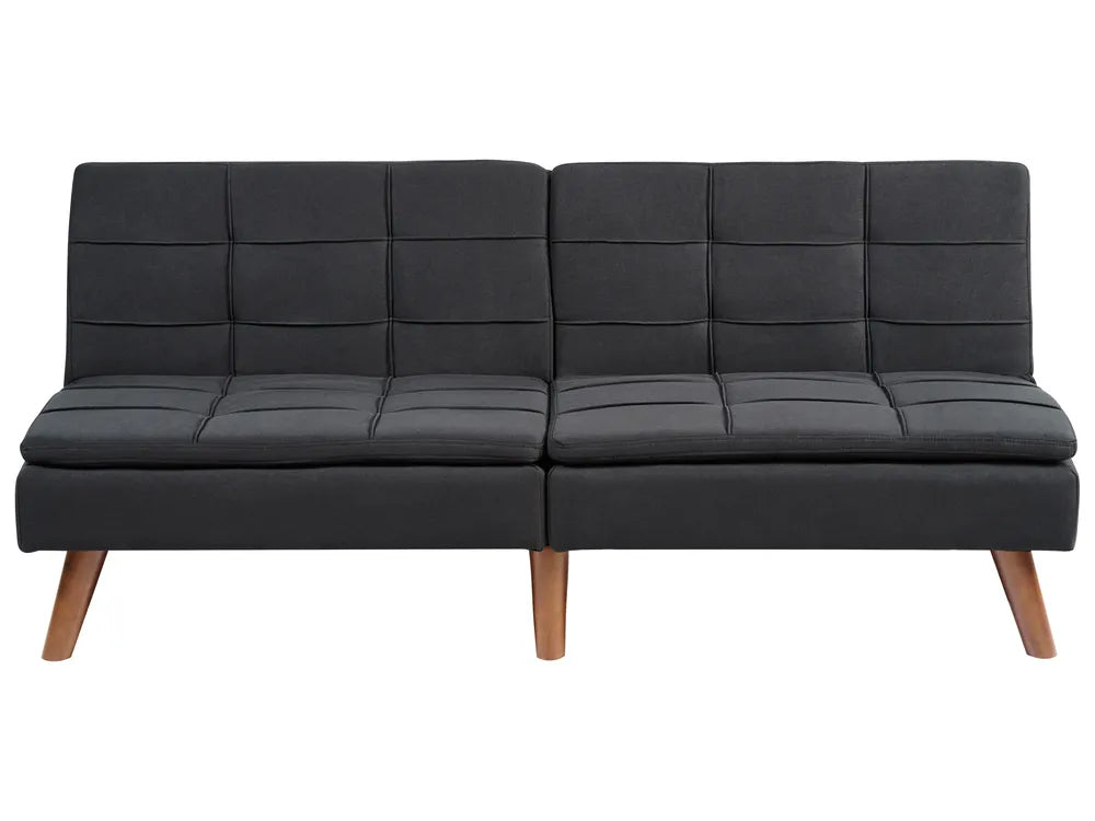 Black leather sofa with wooden legs on a white background