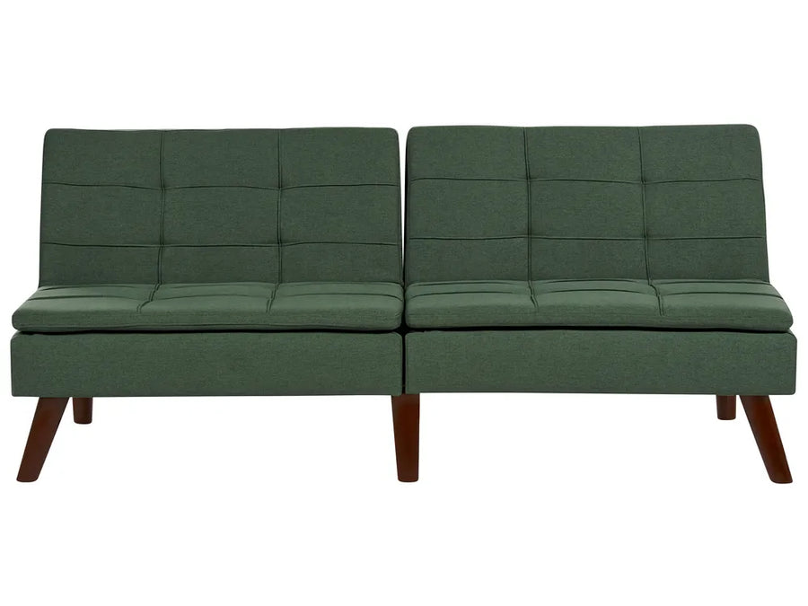 Green upholstered bench with wooden legs on a white background