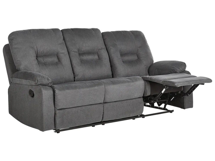 Gray reclining sofa with cup holders on a white background