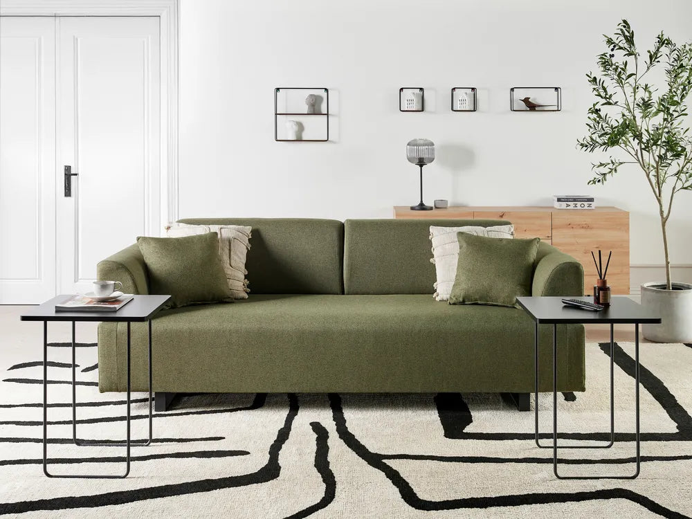 Sofa 3 Seater Fabric Olive Green with Tables Quiniya