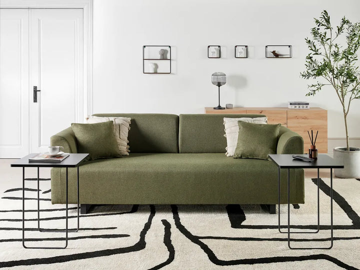 Sofa 3 Seater Fabric Olive Green with Tables Quiniya