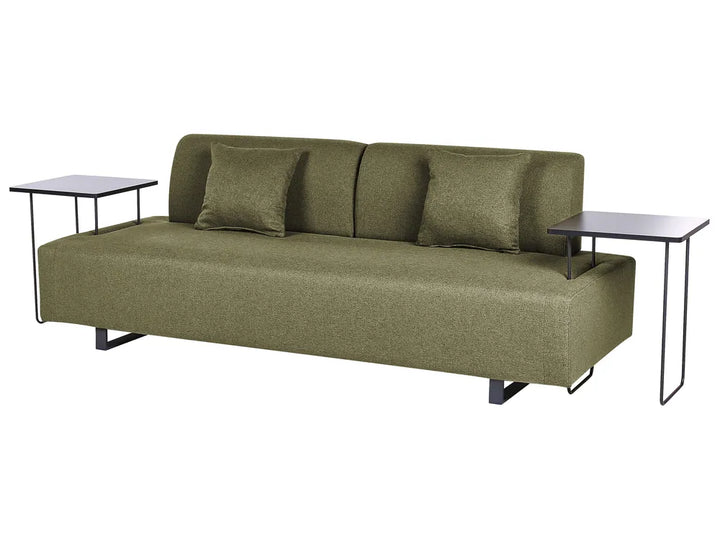 Green sofa bed with two small tables on a white background