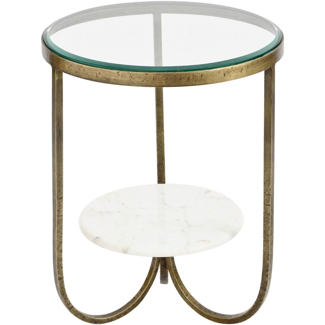 Round side table with glass top and marble shelf on a white background