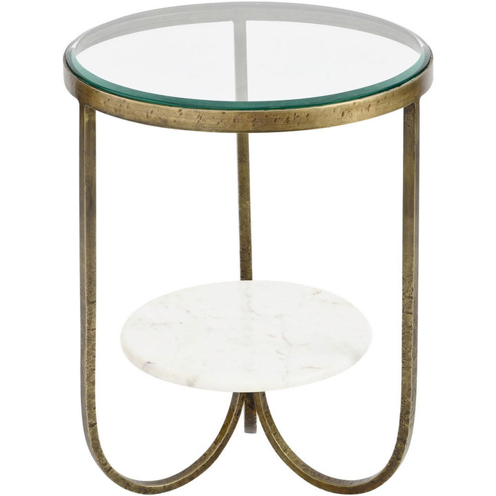 Round side table with glass top and marble shelf on a white background