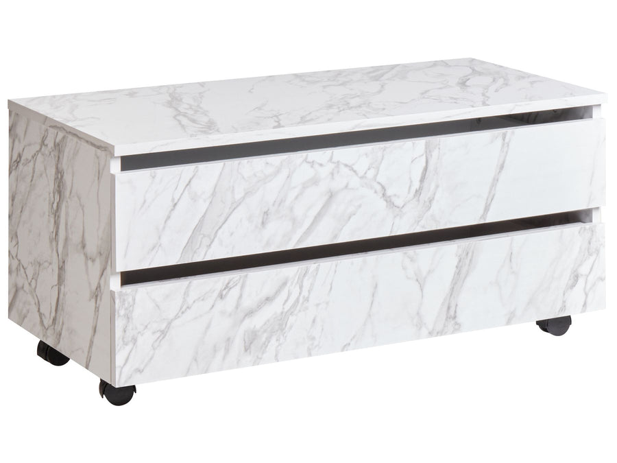 Marble-patterned coffee table with black accents on a white background