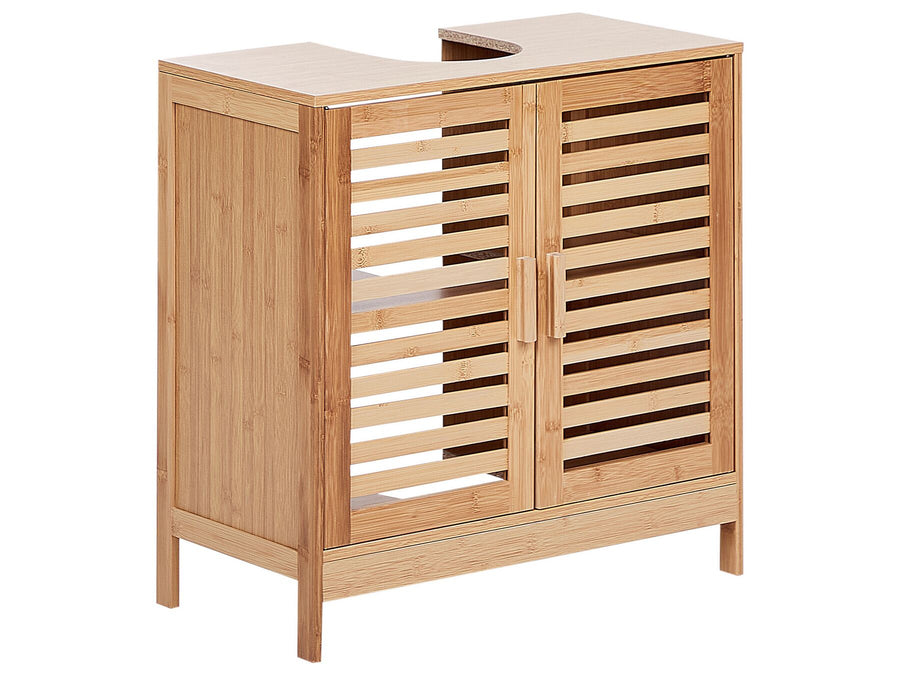 Wooden cabinet with slatted doors on a white background