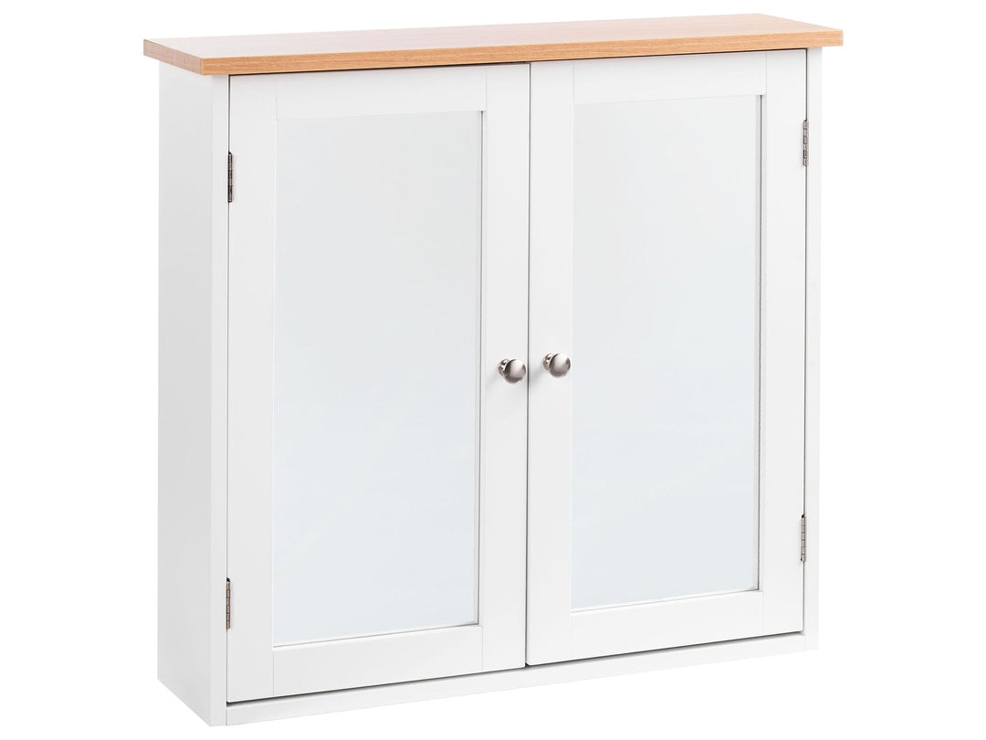 White cabinet with wooden top on a white background