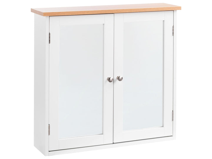 White cabinet with wooden top on a white background
