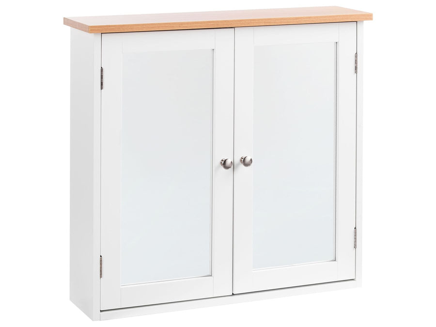 White cabinet with wooden top on a white background