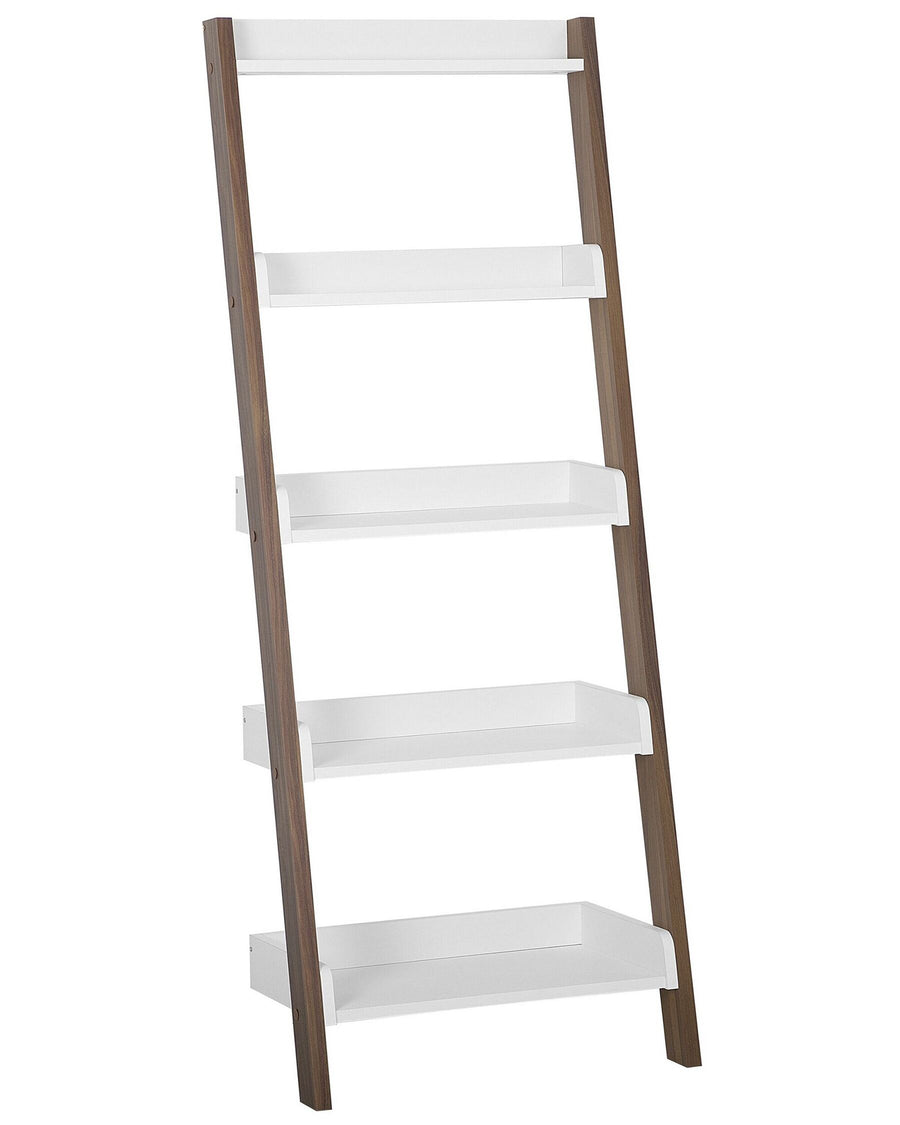 Leaning ladder bookshelf with white shelves and brown wooden frame on a white background