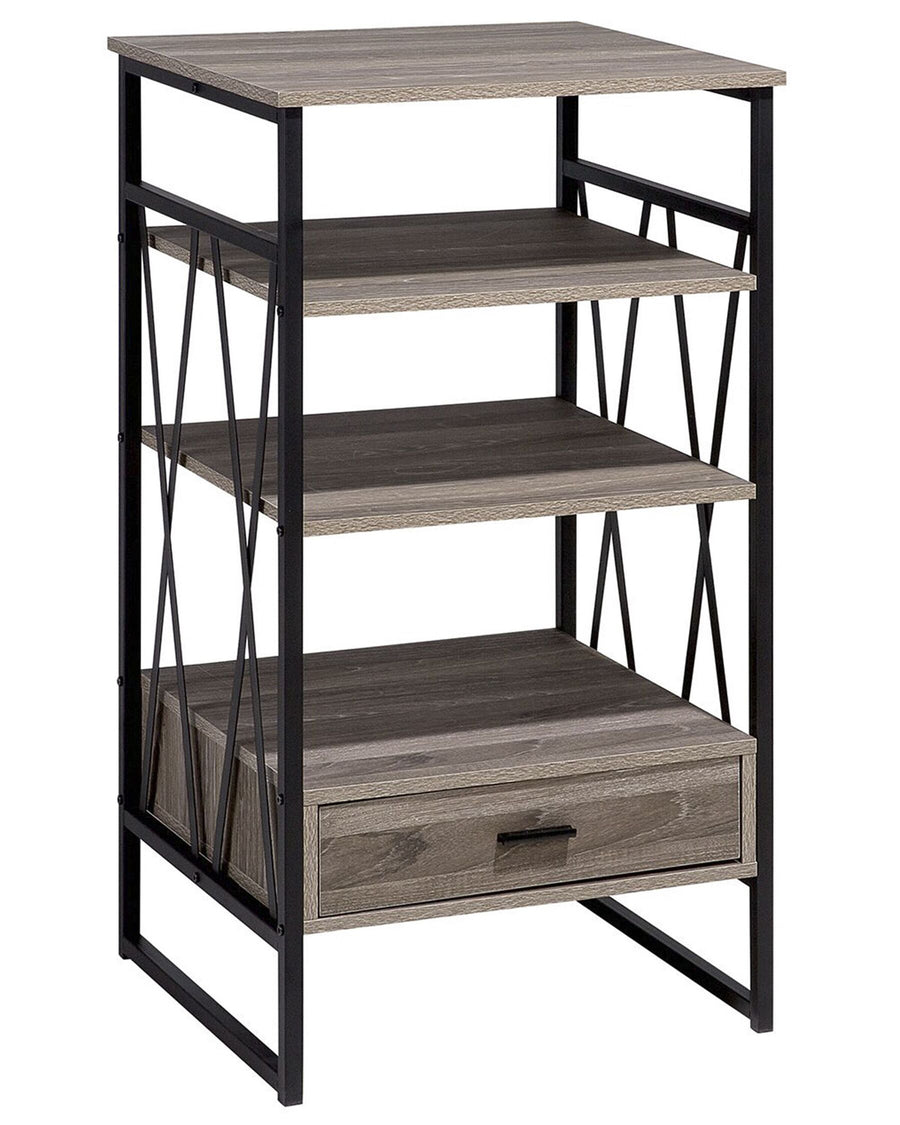 Bookshelf with wooden shelves and a black metal frame on a white background