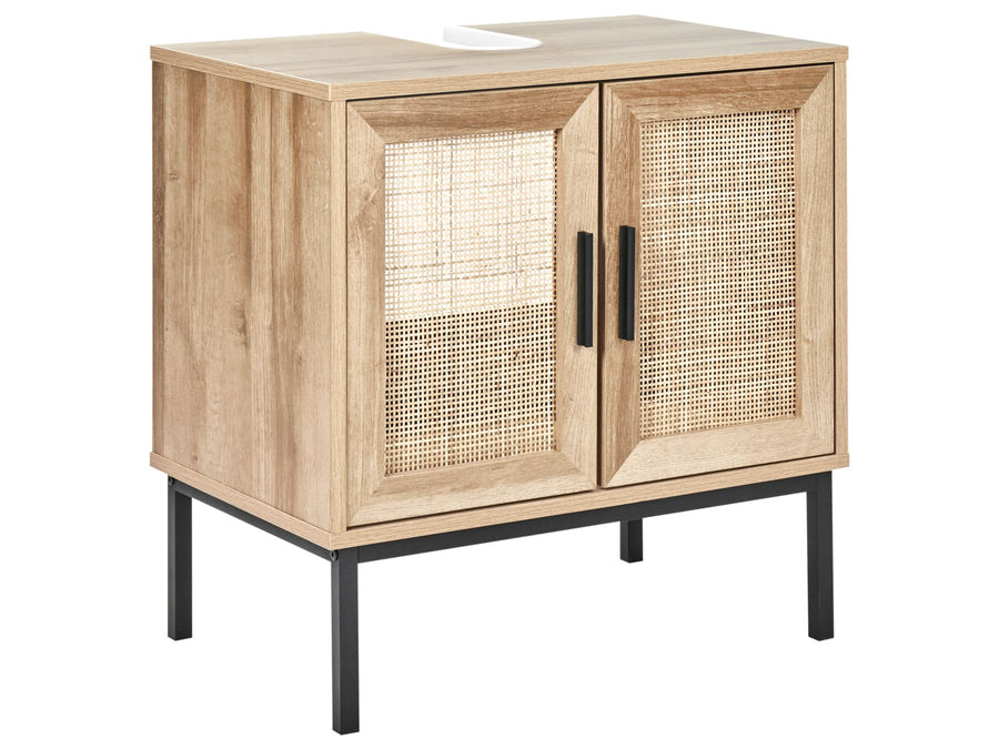 Wooden cabinet with rattan doors on a white background