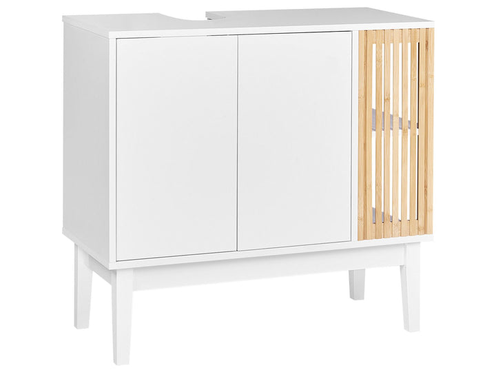 White cabinet with wooden slatted door on a white background