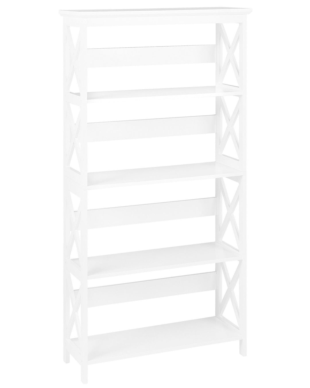 White wooden shelf with horizontal slats on a white background