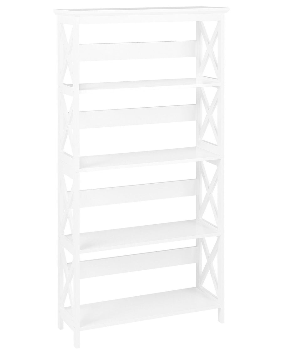 White wooden shelf with horizontal slats on a white background
