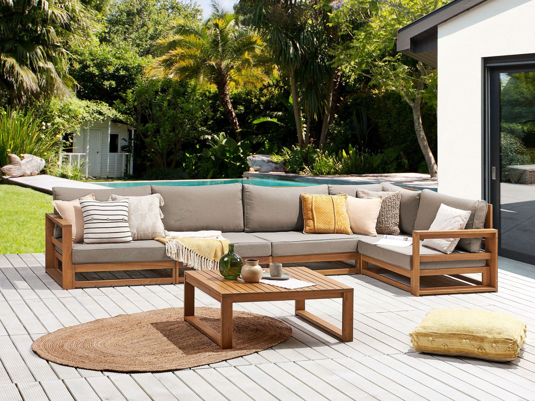 Timor Garden Corner Sofa with Table 5 Seater Modular Certified Acacia Wood Light Brown