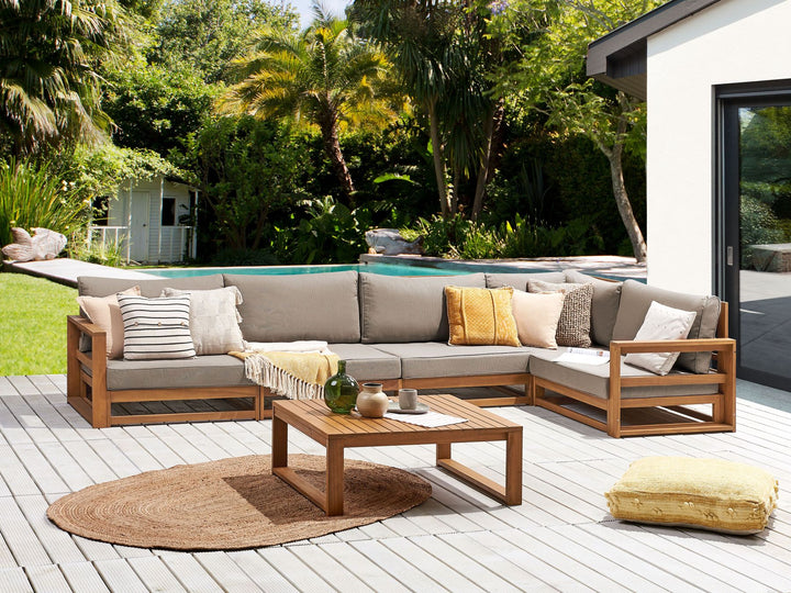 Timor Garden Corner Sofa with Table 5 Seater Modular Certified Acacia Wood Light Brown