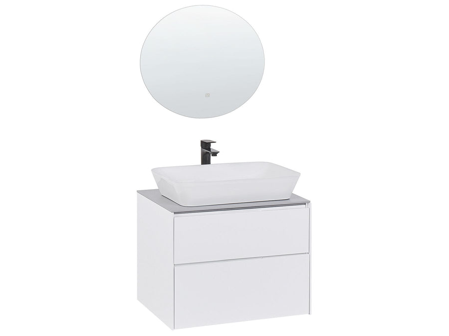 Bathroom vanity with sink and mirror on a white background