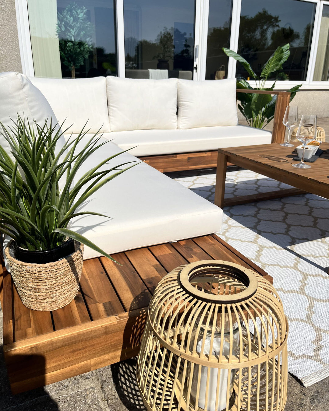 Timor Garden Corner Sofa with Table 5 Seater Modular Certified Acacia Wood Light Brown