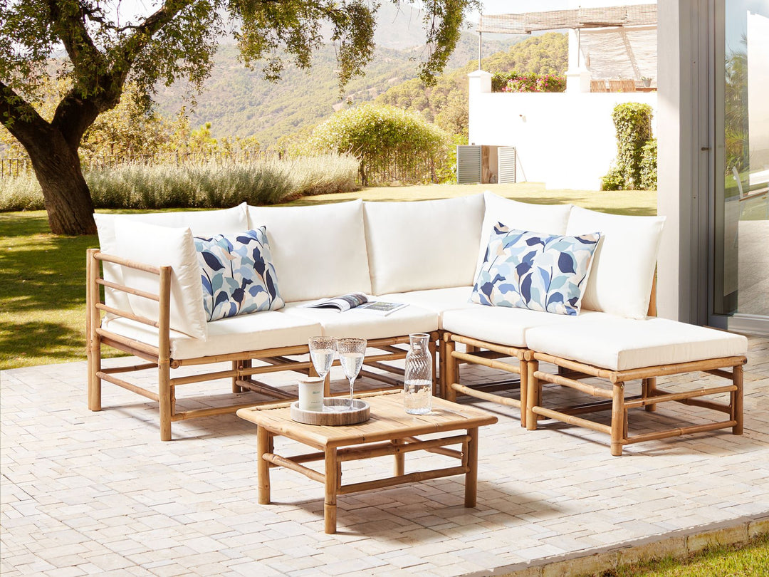Cerreto Garden Corner Sofa with Table 5 Seater Left Hand Bamboo Wood Off-White