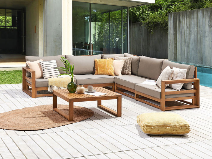 Timor Garden Corner Sofa with Table 5 Seater Modular Certified Acacia Wood Light Brown
