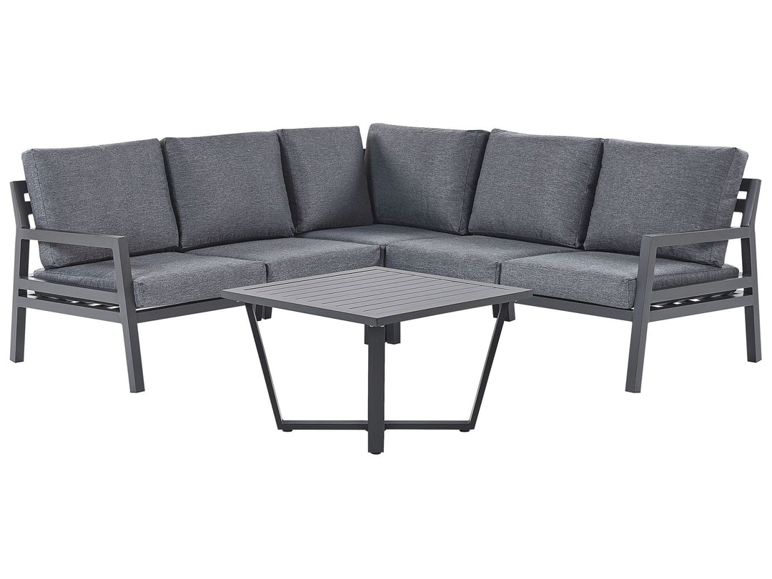 Gray outdoor sectional sofa with matching table on a white background