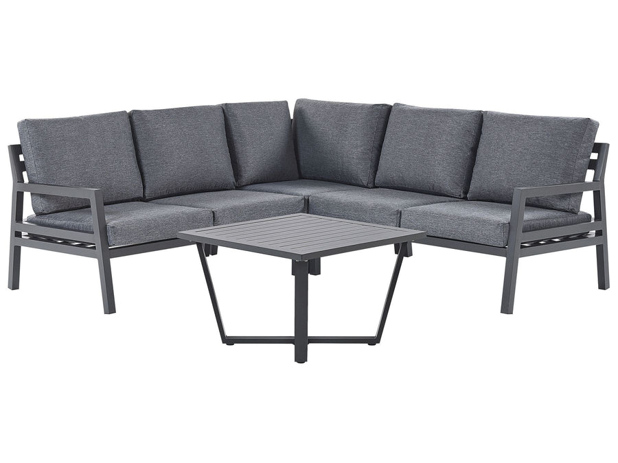 Gray outdoor sectional sofa with matching table on a white background