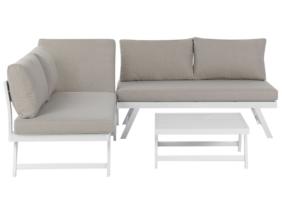 Outdoor furniture set with beige cushions and white frames on a white background
