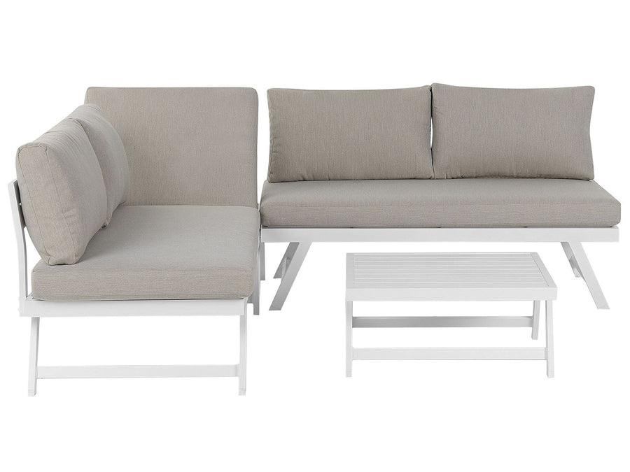 Outdoor furniture set with beige cushions and white frames on a white background