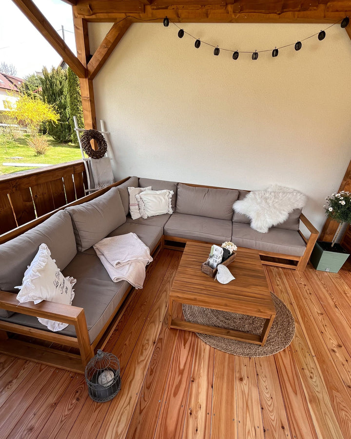Timor Garden Corner Sofa with Table 5 Seater Modular Certified Acacia Wood Light Brown