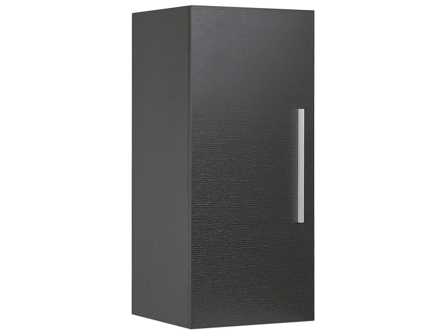 Black textured cabinet with a silver handle on a white background