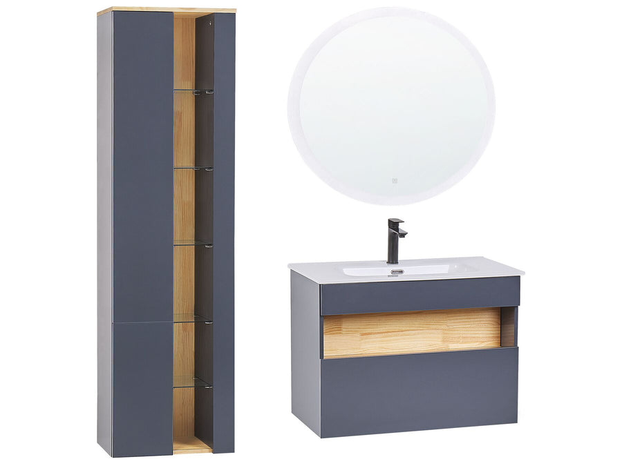 Bathroom vanity with sink, mirror, and tall cabinet on a white background