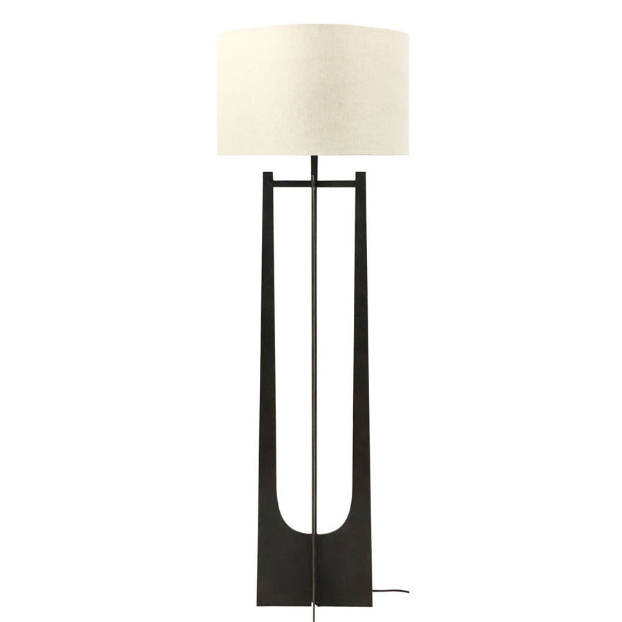 Floor lamp with a black metal base and white lampshade on a white background