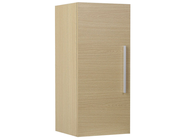 Beige cabinet with a silver handle on a white background