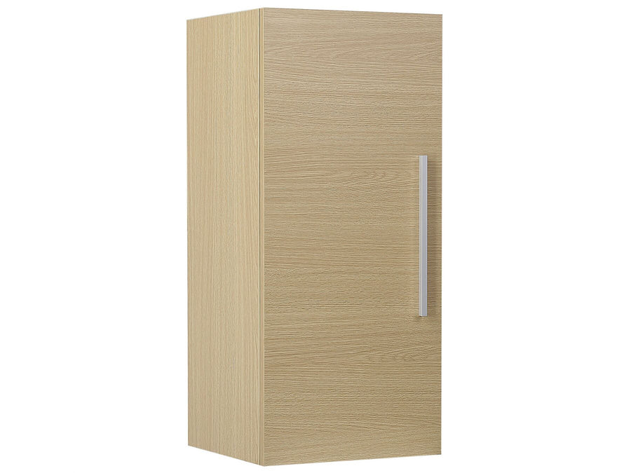 Beige cabinet with a silver handle on a white background
