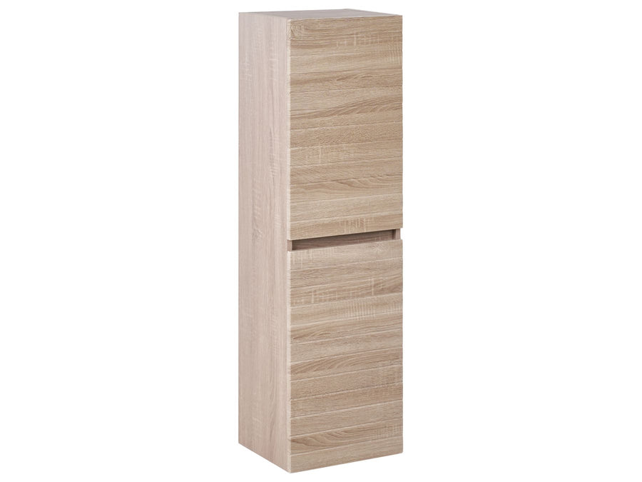 Tall narrow wooden cabinet with a light finish on a white background
