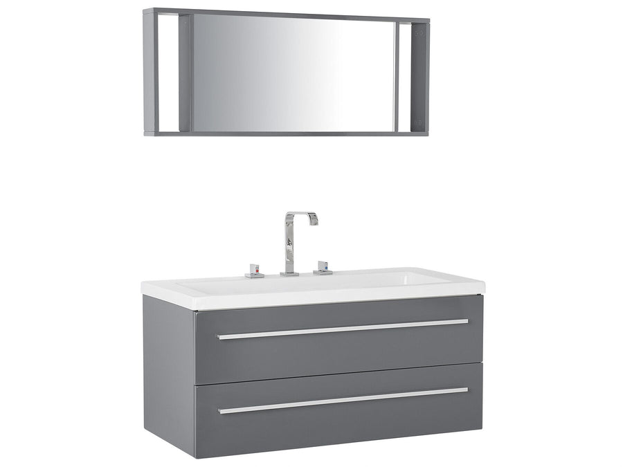 Bathroom vanity with white countertop, sink, and mirror on a white background