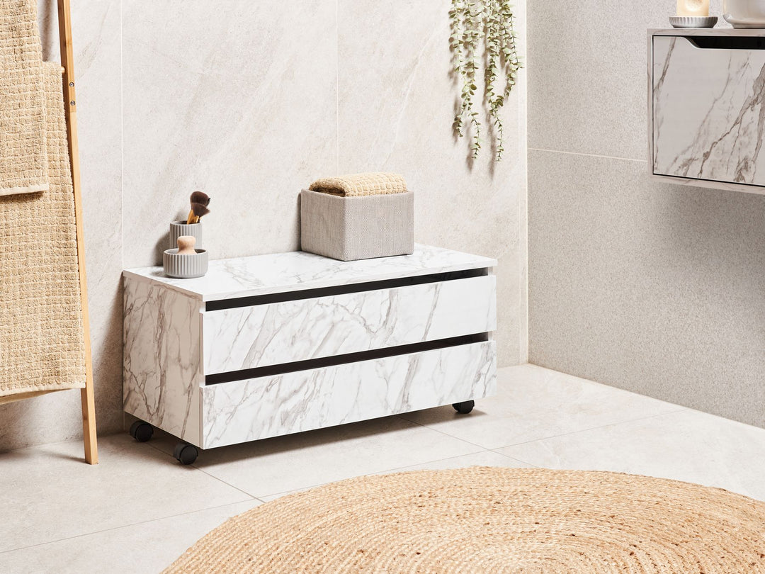 Bathroom Cabinet with Wheels 80 cm White Marble Teresina