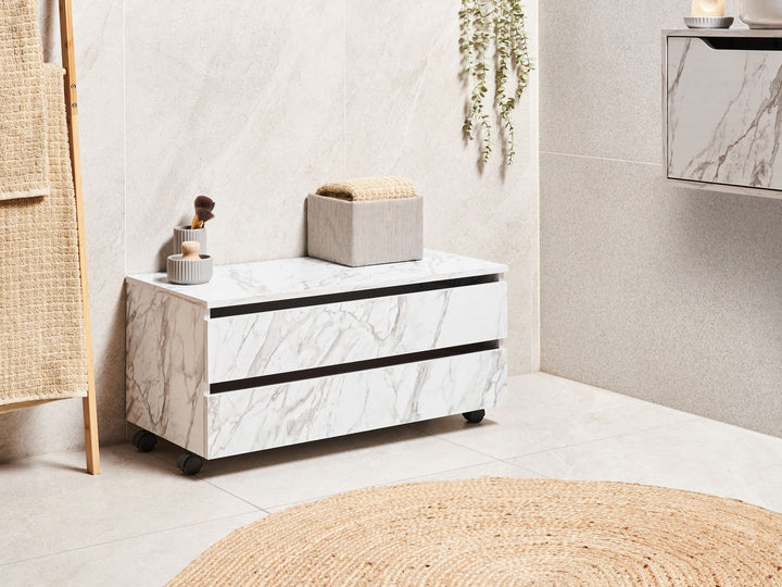Bathroom Cabinet with Wheels 80 cm White Marble Teresina
