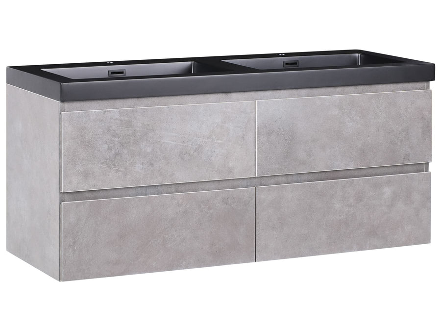 Gray concrete-style wall-mounted cabinet with black top on a white background